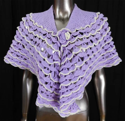Vintage Hand Knit Lavender Scalloped Cutwork Crochet Capelet Pelerine Sweater  - Image 1 of 4