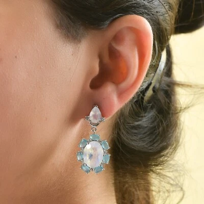 NATURAL MOONSTONE & BLUE APATITE RHODIUM PLATTED 925 SILVER EARRING JEWELRY GIFT - Image 1 of 4