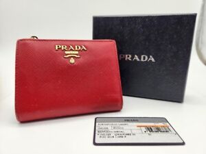 Prada Saffiano 1ML023 Bifold Compact Wallet with Zip Coin Case Red Leather Used