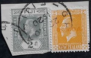 1920 Fiji 2d KGV & 2d NZ KGV stamps on piece Suva cancel - Picture 1 of 2