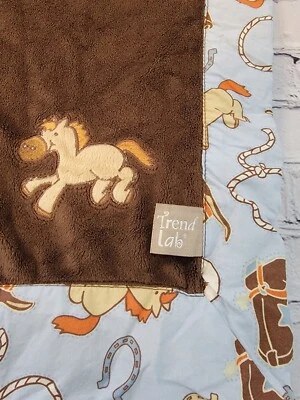 Trend Lab Brown Blue Baby Blanket Cowboy Boots Hat Horse Trim Horseshoe - Image 1 of 3