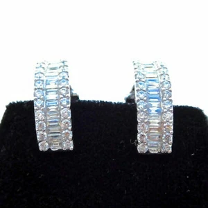 2.00 Ct Baguette Simulated Diamond Three Row Hoop Earrings 925 Sterling Silver - Picture 1 of 7