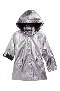 Jou Jou Girls Fashion Silver Rain Jacket w Zip Off Hood NWT L - Picture 1 of 5