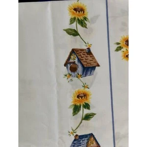 Fabric material sewing white SUNFLOWERS and blue BIRDHOUSE 2 yards - Picture 1 of 3
