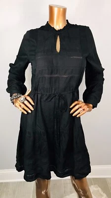 Mini Vestido Lucky Brand M Nuevo con Etiquetas $139 Calce y Acampanado Largo Slvs Negro Bordado Lunares Foto 1 de 4