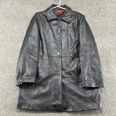 Abrigo largo vintage Anne Klein para mujer L negro chaqueta de cuero genuino Y2K Foto 1 de 4