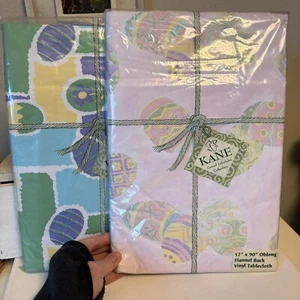 Set TWO Kane Vinyl Flannel Back Tablecloth Easter Egg Check Oblong 52x90 NEW - Picture 1 of 11