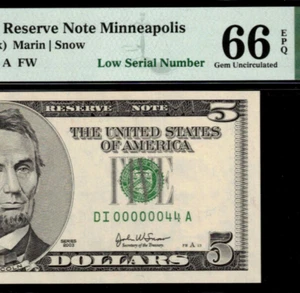 2003 $5 Federal Reserve Note PMG Gem 66EPQ Birthday - Low serial Number 00000044 - Picture 1 of 3