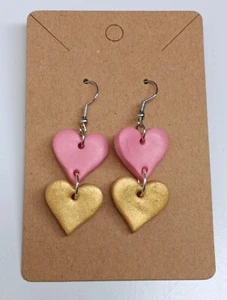 New Handmade Polymer Clay Valentine Double Heart Dangle Earrings Silver - Picture 1 of 5