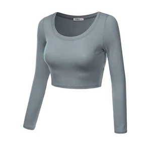 Women's Long Sleeve Soft Denim Blue Cropped T-Shirt By Doublju AWTSTL0249 Sz. L - Picture 1 of 5