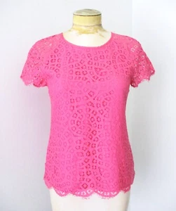 VGC J Crew Pink Sheer Cutwork Lace Top Blouse Keyhole Back Fringe Lined Sz 0 - Picture 1 of 4