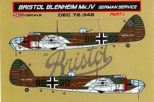 Décalcomanies KORA 1/72 BRISTOL BLENHEIM Mk.IV VERSION ALLEMANDE CAPTURÉE partie 1 - Photo 1/3