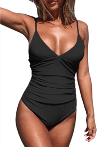 NWT Cupshe Women's Black Ruched One Piece Swimsuit Plunging Neckline XXL - Picture 1 of 7