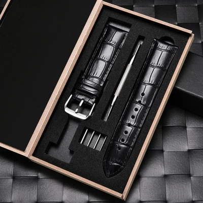 Pulseira de relógio de couro genuíno grão de bambu masculina feminina couro de bezerro empresarial 18-24mm - Imagem 1 de 4