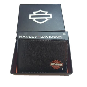 Neu Harley Davidson Herren Geldbörse Doppelfaltung 100 % Leder Logo RFID Druckknopf schwarz 8,5 x 3 - Bild 1 von 7
