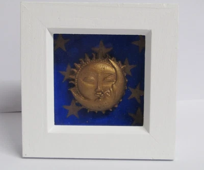 1990s Inspired Sun Moon and Stars 3D Picture Painted Pottery Celestial Box Frame - Image 1 of 4