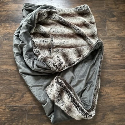 West Elm Faux Fur Striped Ombré Mocha Multi Throw Blanket Grey Brown EUC 47x60 - Image 1 of 4