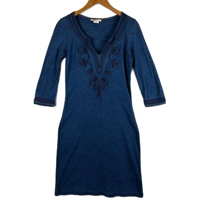 Boden 刺绣细节针织连衣裙 3/4 袖蓝色 US 6L 英国 10L — 第 1/4 张图片