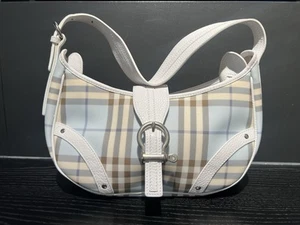 Burberry Blue-White bluebell Nova Check plaid Coated Canvas And Leather Hobo - Picture 1 of 9