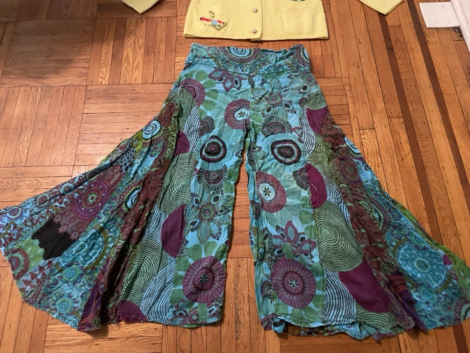 Pantalones de festival vintage WOODSTOCK algodón gasa pierna súper ancha tie dye unisex ML Foto 1 de 3