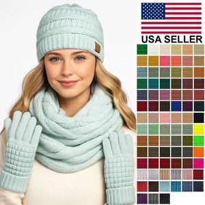 C.C Unisex 3tlg Set weiche gerippte Zopfmuster Stretch Beanie Handschuhe und Schal - Bild 1 von 244