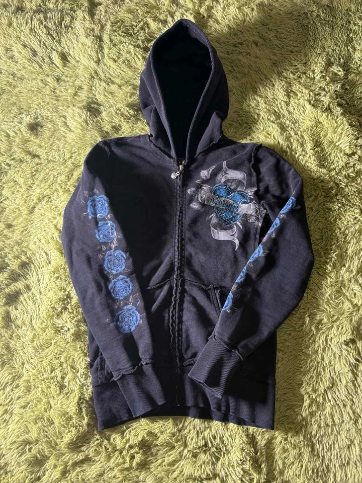 Vintage Y2K Rare SINFUL Black Wings Graphic Zip Up Hoodie Womens Size Large!!!! - Image 1 of 4