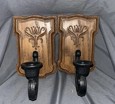 VTG Pair Of Wall Sconces Candle Holders Faux Wood HOMCO Brown And Black - Image 1 of 4