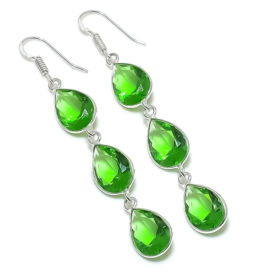 Green Tsavorite Gemstone Handmade 925 Sterling Silver Jewelry Earring Size 3" - Image 1 of 1