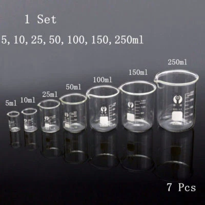 1 Set 7pcs 5/10/25/50/100/150/250ml Glass Beaker Chemistry Laboratory