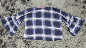 Vince Camuto Top Women's M Blue White Plaid Lyocell Flared Sleeve Shirt Blouse - Picture 1 of 15