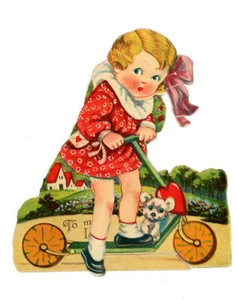 c. 1930 Die-Cut Mechanical High Gloss German Valentine. Young Girl Rides Scooter - Picture 1 of 3
