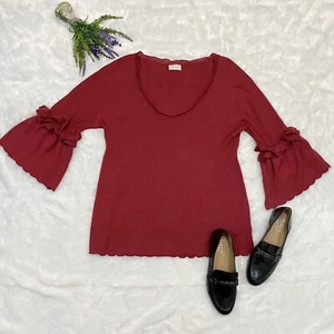 Valentino Roma Red Ruffle Sleeve Wool Sweater Size 44/ US 8 Scoop Neck Luxe - Picture 1 of 11