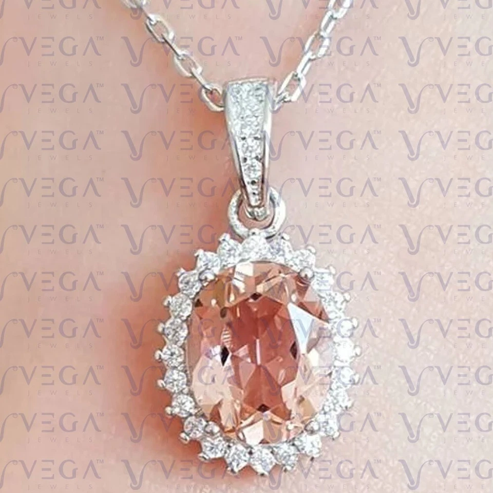 Colgante ovalado de morganita natural y diamantes de 5,90 quilates enchapado en oro blanco de 18 k sin cadena Foto 1 de 4