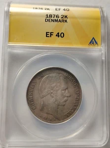 1876 HC CS DENMARK 2 KRONER  ANACS EF XF 40 Rare Danish Silver Coin 2B - Picture 1 of 4