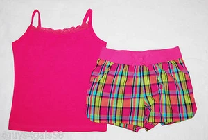 Girls Shorts Set HOT PINK CAMI Lace Trim XS 4-5 PLAID SHORTS Ribbed Waist - Picture 1 of 1