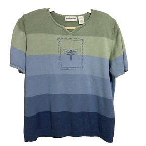 Alfred Dunner Dragonfly Embroidered Striped Woman Short Sleeve Sweater Medium - Picture 1 of 7