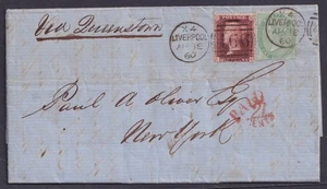 1860 1/- SG 72 + 1d Red SG 40 CG Superb Liverpool Duplex to New York Rare FU - Picture 1 of 2