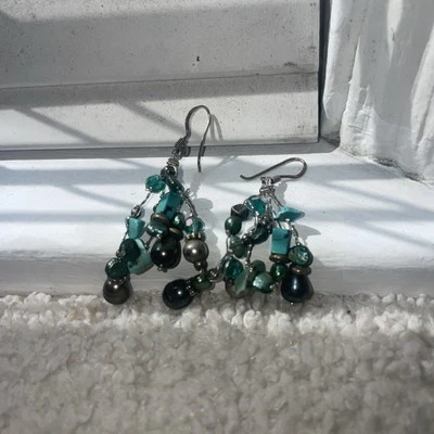 Natural Pearl & turquoise dangle earrings 925 sterling - Изображение 1 из 2