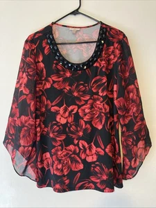 Roz & Ali Black and Red Floral Print 3/4 Bell Sleeve Stretch Size XL - Picture 1 of 5