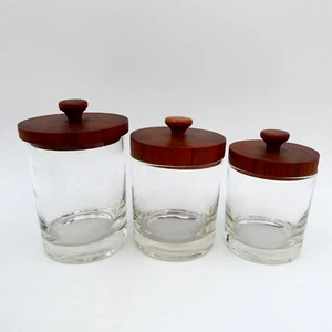 Condimento in legno di teak stile danese coperchio e barattolo vetro set 3 pezzi MCM VINTAGE A - Foto 1 di 7