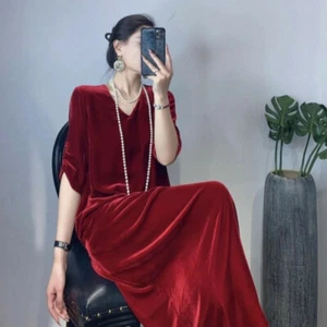 Damen Samt Kleid V-Ausschnitt Halbarm Kleid Freizeit Vintage Französisch Lang Kleid Sexy - Bild 1 von 9