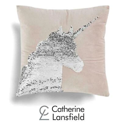 Cushion Cover Pink Sparkle Catherine Lansfield Sequin Unicorn Covers 17" x 17" - Image 1 of 4