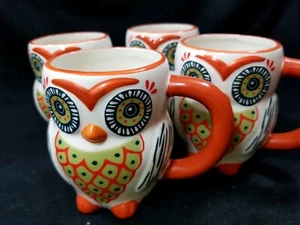Vintage 1970s Coffee Mug Set FOUR CUTE KITSCHY ORANGE OWLS Ceramic 4.5" TALL - Picture 1 of 7