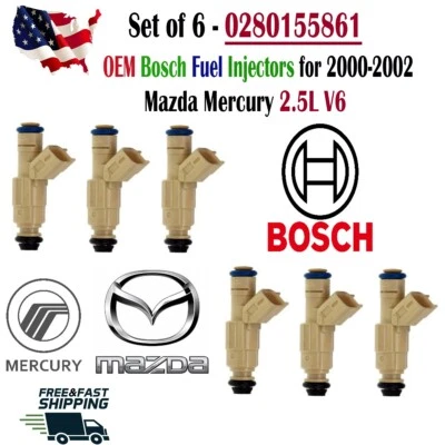 OEM Set of 6 Bosch Fuel Injectors for 2000-02 Mazda Mercury 2.5L V6 #0280155861 - Image 1 of 4