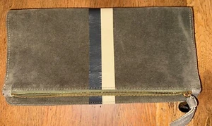 CLARE V SUEDE Vintage Stripe Foldover Clutch Green Zip Purse - Picture 1 of 5