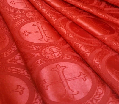 RED SATIN JACQUARD LITURGICAL CROSS FABRIC 7" ROUND MEDALLION BTY REVERSIBLE  - Image 1 of 4
