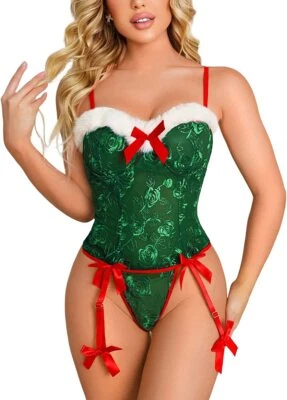 XMAS Women Sexy Lingerie Red Santa Babydoll Lace Sleepwear Costume Underwear Set - Image 1 of 4