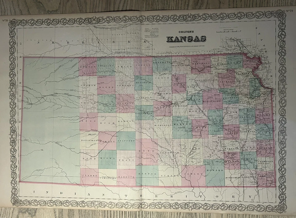 Mapa antiguo coloreado a mano original de Colton's Kansas 1870 28" x 17" Foto 1 de 3