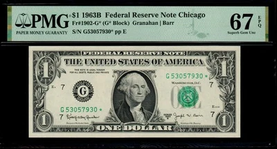 1963B $1 CHICAGO STAR NOTE PMG 67 EPQ 480K Print Run Fr 1902-G* FRN Barr Note - Image 1 of 2
