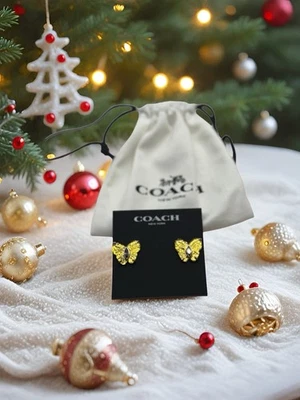 全新带标签签名蔻驰黄金蝴蝶耳钉,黑色水晶 — 第 1/4 张图片